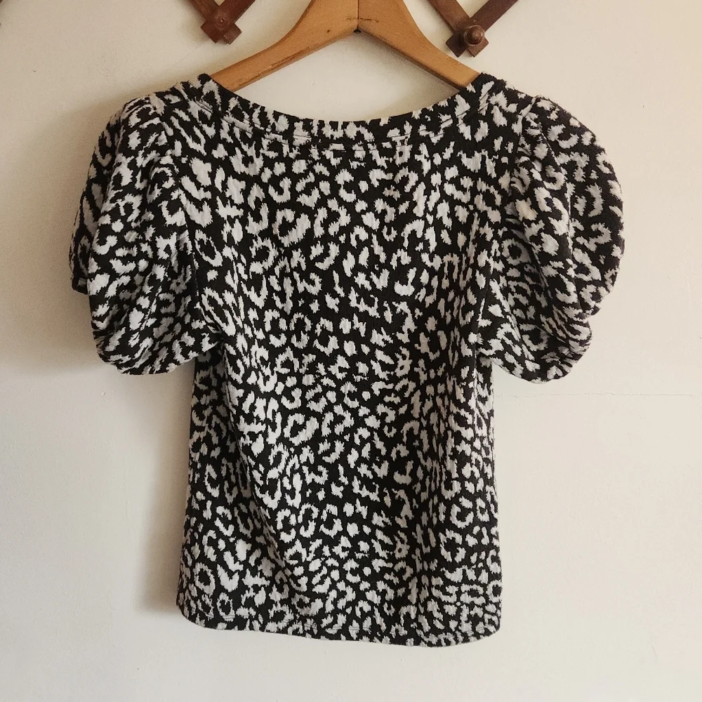 Free People Black White Animal Print Puff Sleeve Top Square Neck Small